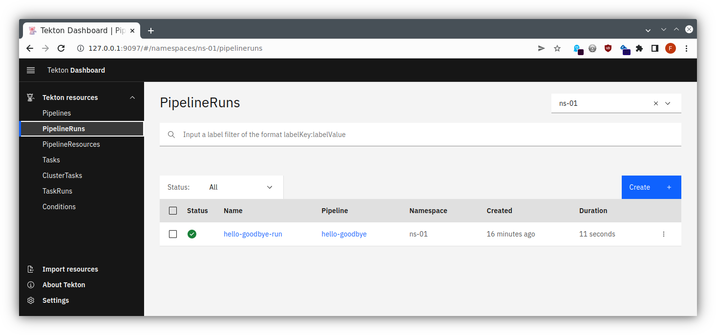 Tekton UI PipelineRuns